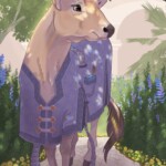 A cream colored cow in lavender robes admires a leafy garden, with hints of a palace peeking through the trees.
