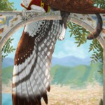 A griffin with the coloring of an osprey lounges on an archway decorated with ocean themed mosaics. He has a friendly, yet slightly mischievous look, like he might tell you a bad joke. Behind him is a terra-cotta and cream city dotted with cypress and Italian stone pines. The tip of the turquoise bay can just be seen. Mountains sit behind the city and the sea.