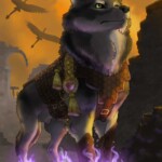 A direwolf in leather armor stares off to the right of the screen. He is large and commanding, emphasized by the purple magical flames dancing around his paws. Behind him a formation of dragons fly across an orange sky. The city around them is nothing but smoking rubble.