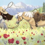 A young woman in Victorian-esque clothing walks away from the camera with a bug net over one shoulder. She leads her trust palomino pony through a field thick with poppies and butterflies.