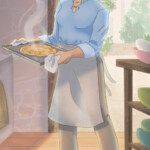 A young woman with brunette hair and pale skin grins at the camera. She holds up an apple galette that is still steaming from the oven just peeking out from the side. Behind her is a rustic kitchen and a door that leads into an Italian-esque courtyard.