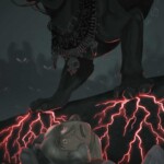 The image has the dark colors of a horror movie. Barely outlined is a sphinx-like shape with glowing red eyes. Beneath her paws shoot cracks of red lightning-like magic, illuminating dead bodies of various creatures beneath her.