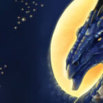 A blue dragon with turquoise hint stares at the viewer. Only his head, neck, and part of a wing is seen. He covers up the vast majority of the image. The sky behind his head is a bright glowing yellow, a sharp contrast to his dark blue scales.